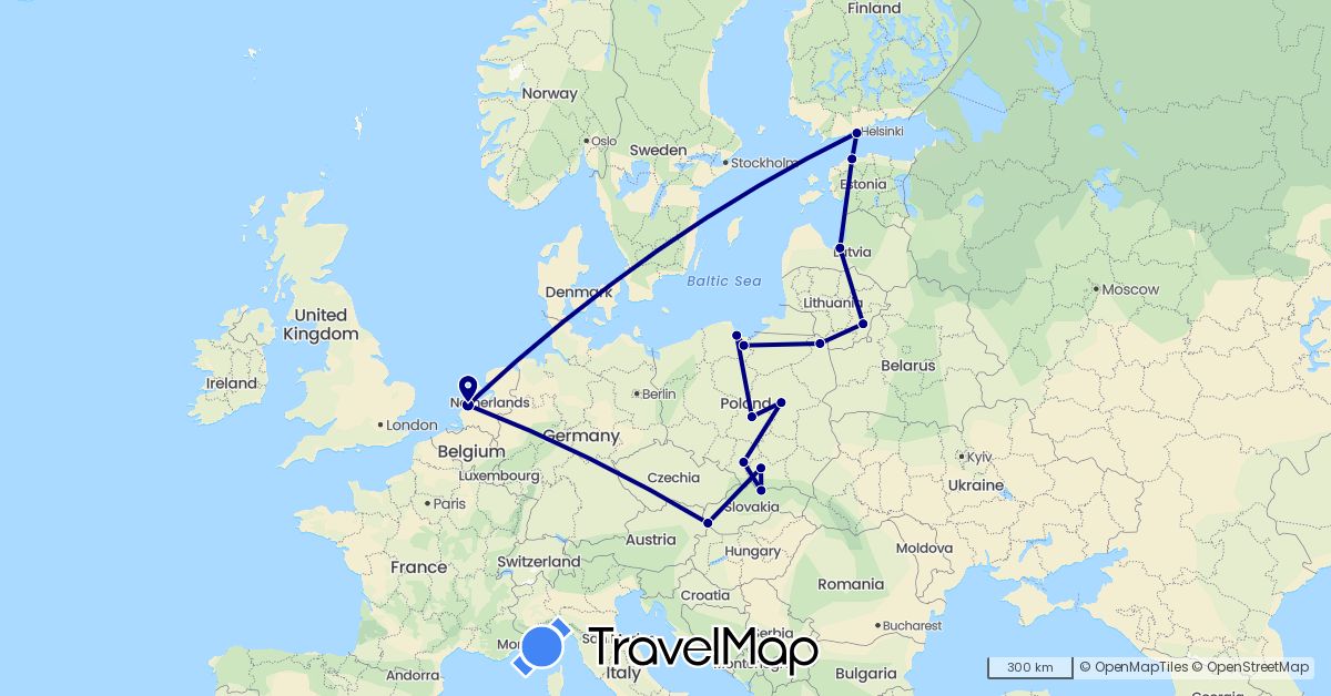 TravelMap itinerary: driving in Estonia, Finland, Lithuania, Latvia, Netherlands, Poland, Slovakia (Europe)